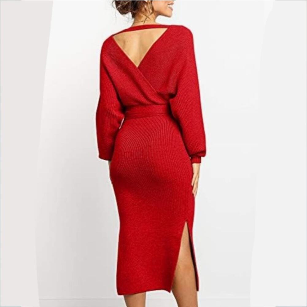 Classic Red LBD Sweater Midi Dress S Holiday Cocktail Bodycon Sexy Cozy NEW - Picture 9 of 13